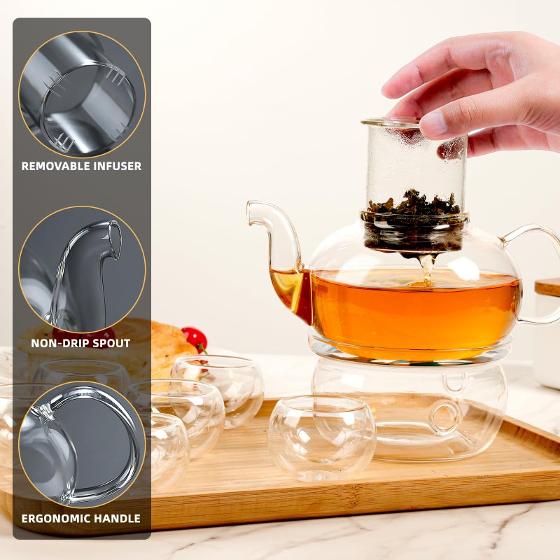 GURUDAR Glass Teapot Set  27OZ/800ML Stovetop Safe Glass Tea Kettle with 6 Small Double Wall Tea Cups & Loose Tea Infuser & Tea Warmer  Microwave & Dishwasher Safe Tea Maker  Blooming Tea Gift Set - Image 5